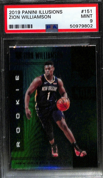 Lot of (3) 2019 Zion Williamson Rookies - Illusions #151 PSA 9, Illusions #151 PSA 8, Court Kings Apprentice Artist #9 PSA 8