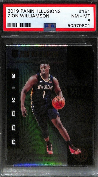 Lot of (3) 2019 Zion Williamson Rookies - Illusions #151 PSA 9, Illusions #151 PSA 8, Court Kings Apprentice Artist #9 PSA 8