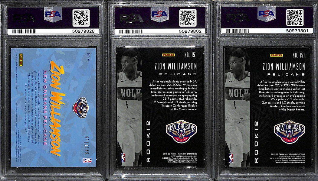 Lot of (3) 2019 Zion Williamson Rookies - Illusions #151 PSA 9, Illusions #151 PSA 8, Court Kings Apprentice Artist #9 PSA 8