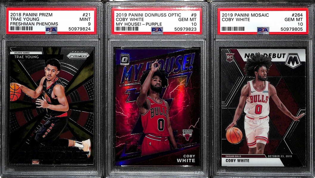 (3) Basketball Rookies - 2018 Prizm Phenoms #21 PSA 9, 2019 Optic Coby White My House Purple #9 PSA 10, 2019 Mosaic Coby White #264 PSA 10
