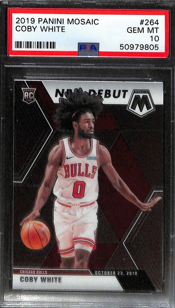(3) Basketball Rookies - 2018 Prizm Phenoms #21 PSA 9, 2019 Optic Coby White My House Purple #9 PSA 10, 2019 Mosaic Coby White #264 PSA 10