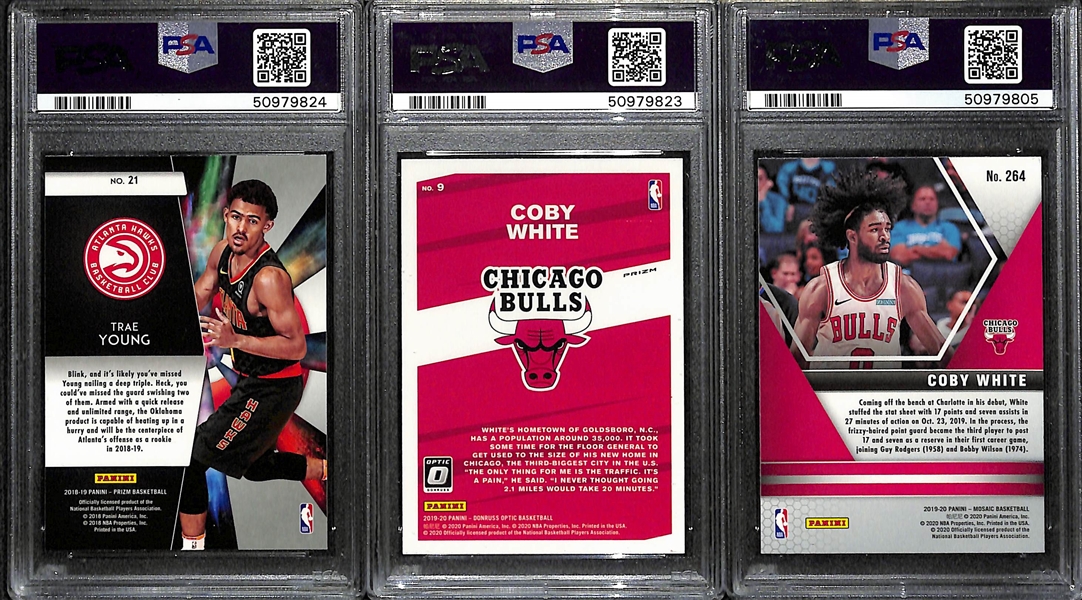 (3) Basketball Rookies - 2018 Prizm Phenoms #21 PSA 9, 2019 Optic Coby White My House Purple #9 PSA 10, 2019 Mosaic Coby White #264 PSA 10