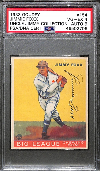 Signed 1933 Goudey Jimmie Foxx (HOF) #154 Graded PSA 4 (Auto Grade 9) w. Uncle Jimmy Collection, d. 1967