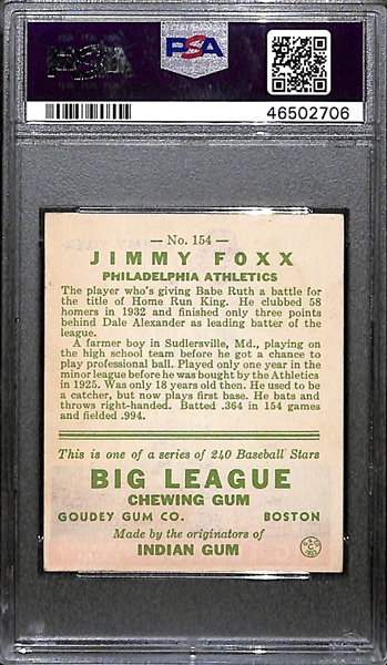 Signed 1933 Goudey Jimmie Foxx (HOF) #154 Graded PSA 4 (Auto Grade 9) w. Uncle Jimmy Collection, d. 1967