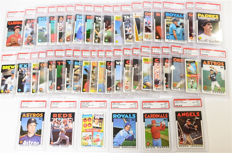 Lot of (45) 1986 Topps PSA Graded Cards Including (39) PSA 9 Cards w. Pete Rose #741 PSA 9