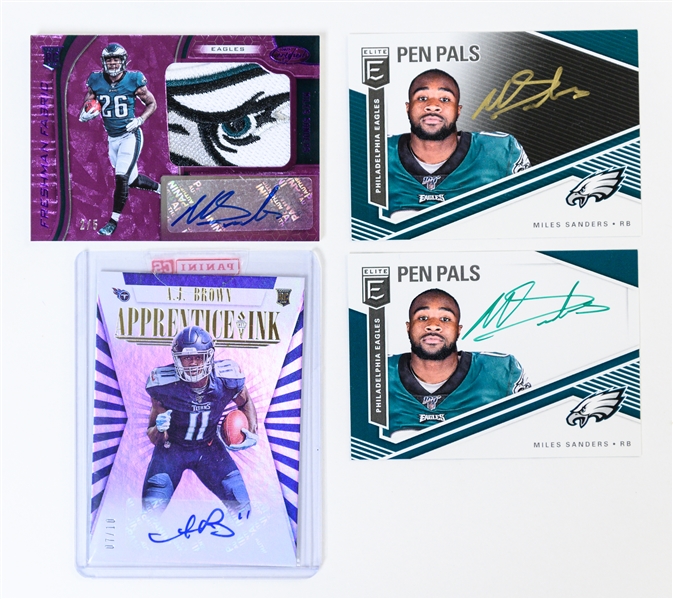 Lot of (4) Autograph Cards - 2019 AJ Brown Apprentice Ink Auto Card #7/10 & (3) Miles Sanders Autograph Cards w. Freshman Fabric #2/5