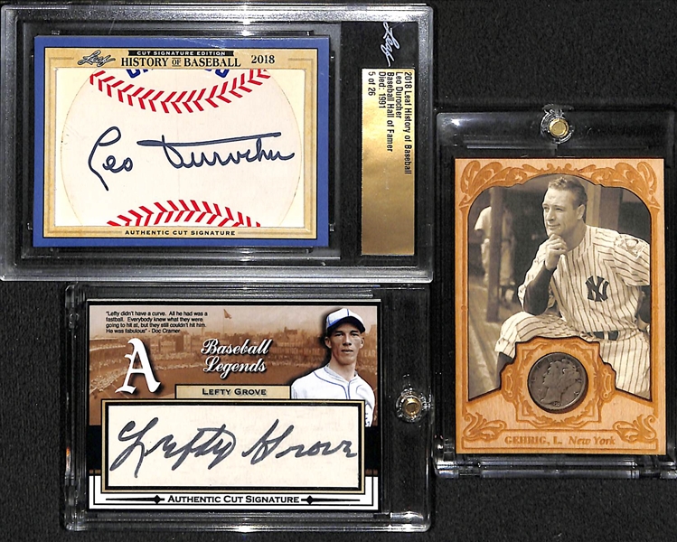 Lot of (3) Baseball Cards: 2018 Leaf Leo Durocher Cut Autograph, Lefty Grove Signed Custom Card (SGC Sticker), and Custom Lou Gehrig Wood Card w. Coin