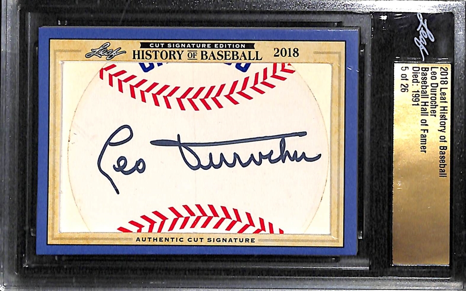 Lot of (3) Baseball Cards: 2018 Leaf Leo Durocher Cut Autograph, Lefty Grove Signed Custom Card (SGC Sticker), and Custom Lou Gehrig Wood Card w. Coin
