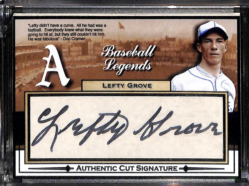 Lot of (3) Baseball Cards: 2018 Leaf Leo Durocher Cut Autograph, Lefty Grove Signed Custom Card (SGC Sticker), and Custom Lou Gehrig Wood Card w. Coin