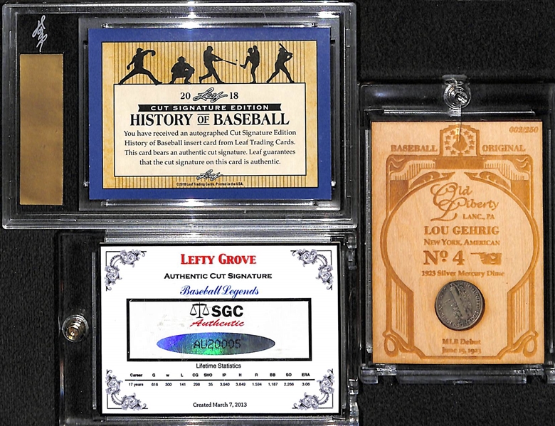 Lot of (3) Baseball Cards: 2018 Leaf Leo Durocher Cut Autograph, Lefty Grove Signed Custom Card (SGC Sticker), and Custom Lou Gehrig Wood Card w. Coin