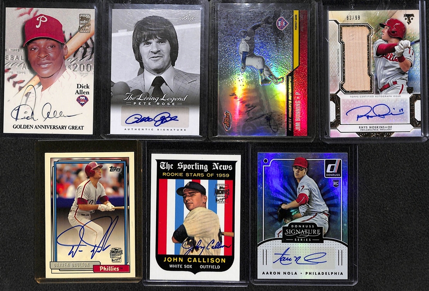 (7) Phillies Autographed Cards w. Dick Allen, Pete Rose, Jim Bunning, Rhys Hoskins, D. Daulton, J. Callison, A. Nola