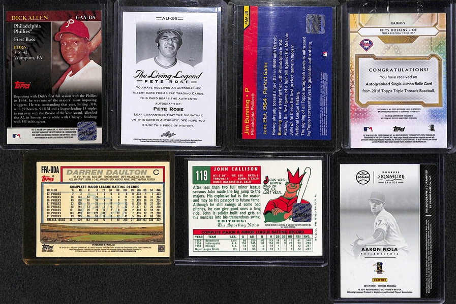 (7) Phillies Autographed Cards w. Dick Allen, Pete Rose, Jim Bunning, Rhys Hoskins, D. Daulton, J. Callison, A. Nola