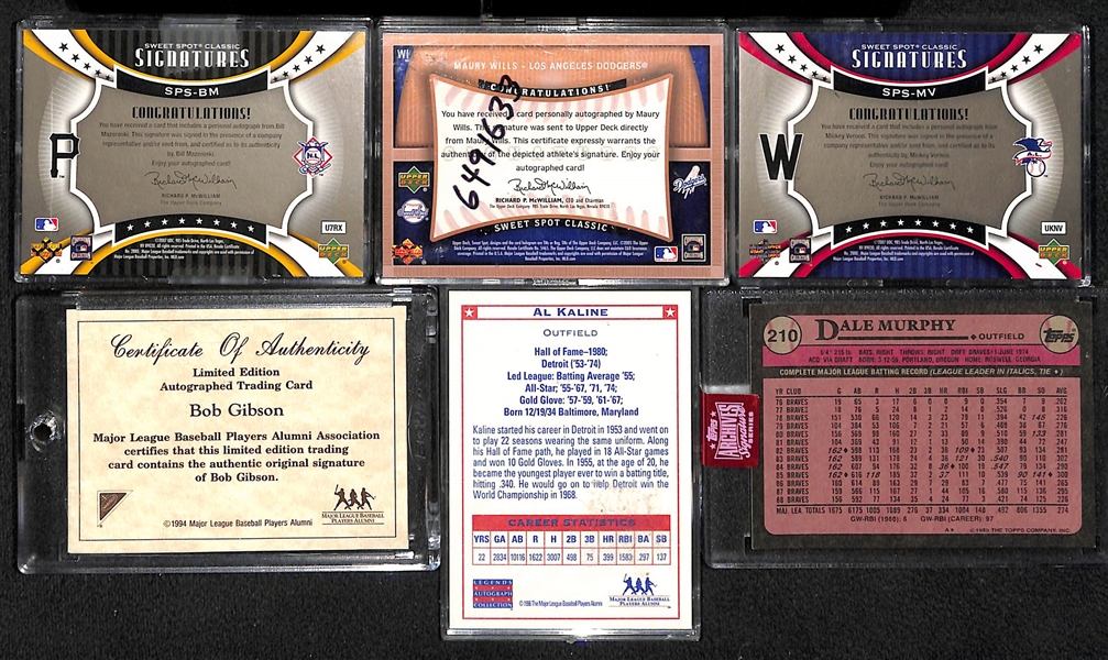 (13) Autographed Baseball Cards: B. Mazeroski, M. Wills, M. Vernon, Bob Gibson, Al Kaline, Dale Murphy, +