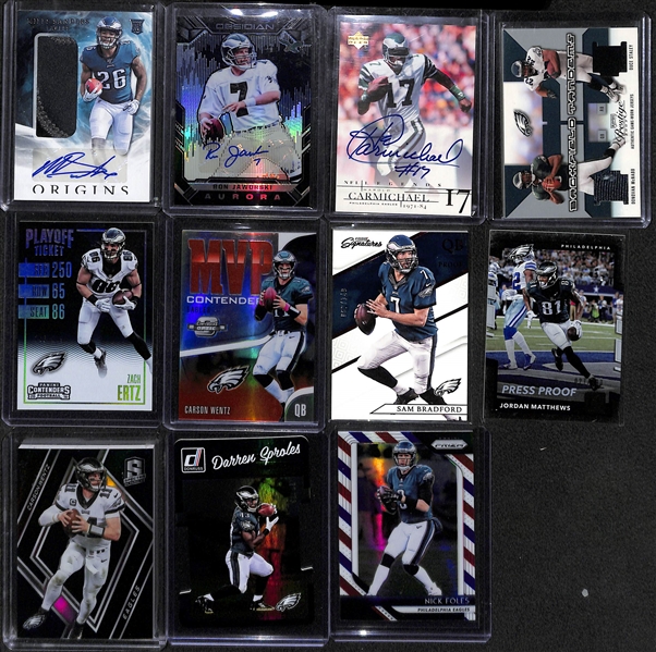 Lot of (11) Philadelphia Eagles Cards w. 3 Autographs (Origins Miles Sanders Patch/Auto RC, Obsidian Ron Jaworski, UD Harold Charmichael)