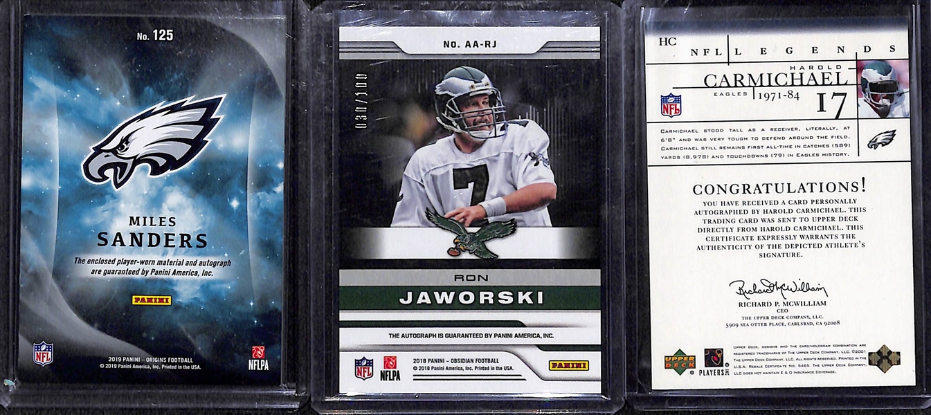 Lot of (11) Philadelphia Eagles Cards w. 3 Autographs (Origins Miles Sanders Patch/Auto RC, Obsidian Ron Jaworski, UD Harold Charmichael)