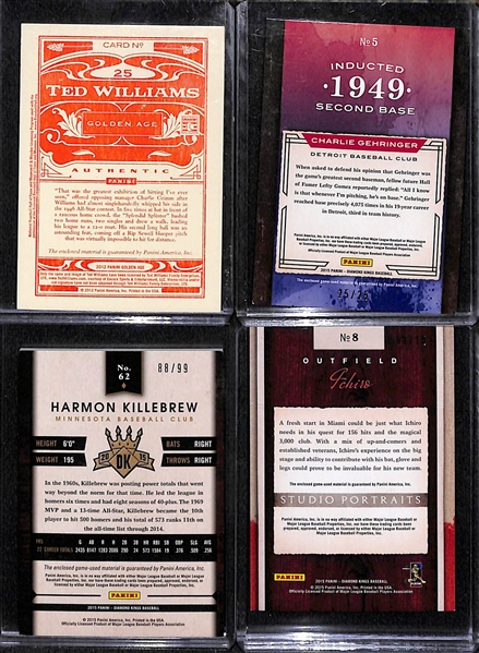 (38) Baseball Relic Cards w. Ted WIlliams, C. Gehringer, Killebrew, Ichiro,+ 