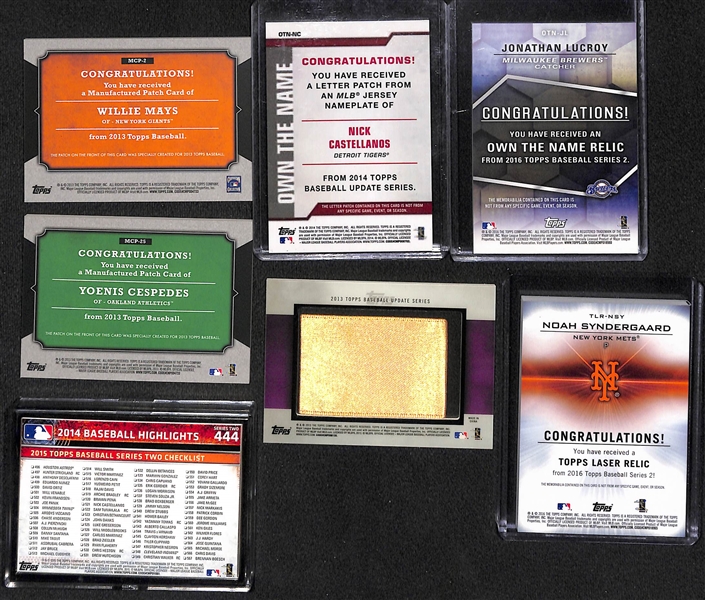 Lot of (7) Baseball Insert Cards Inc. (2) #ed 1/1 Jersey Letterman Patches and Willie Mays Silk