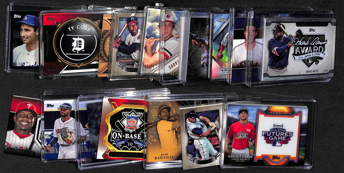 (17) Baseball Commemorative Cards Inc. Koufax, Ty Cobb, Maris, Aaron, Ripken, Rizzuto (stamp/dime), R. Henderson, Hoskins, Feller, Ortiz, Howard, +