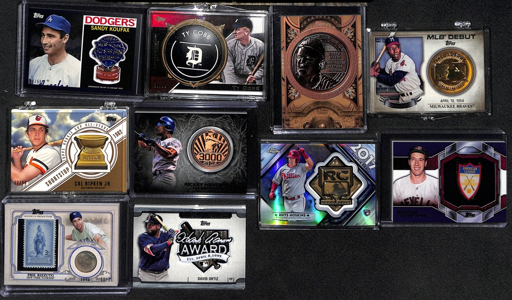 (17) Baseball Commemorative Cards Inc. Koufax, Ty Cobb, Maris, Aaron, Ripken, Rizzuto (stamp/dime), R. Henderson, Hoskins, Feller, Ortiz, Howard, +