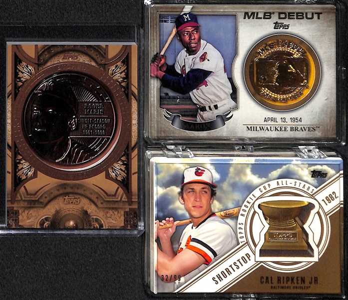 (17) Baseball Commemorative Cards Inc. Koufax, Ty Cobb, Maris, Aaron, Ripken, Rizzuto (stamp/dime), R. Henderson, Hoskins, Feller, Ortiz, Howard, +