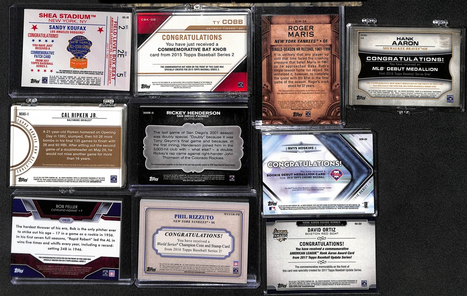 (17) Baseball Commemorative Cards Inc. Koufax, Ty Cobb, Maris, Aaron, Ripken, Rizzuto (stamp/dime), R. Henderson, Hoskins, Feller, Ortiz, Howard, +