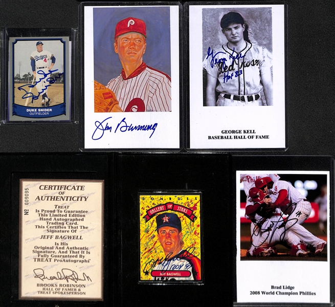Sports Lot Inc. 9 Autographs (Snider, Bunning, Kell, Bagwell, Lidge, Groat, Podres, J. Ryun, B. Blair)& (1) Cal Ripken Relic
