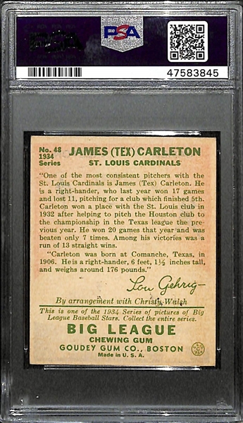Signed 1934 Goudey Tex Carleton #48 Graded PSA Authentic (Auto Grade 9) w. Uncle Jimmy Collection, d. 1977