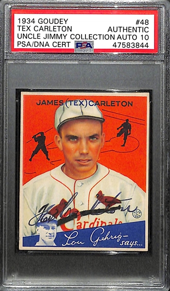 Signed 1934 Goudey Tex Carleton #48 Graded PSA Authentic (Auto Grade 10) w. Uncle Jimmy Collection, d. 1977
