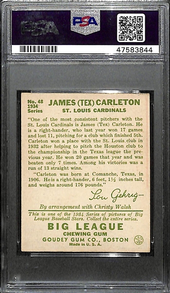 Signed 1934 Goudey Tex Carleton #48 Graded PSA Authentic (Auto Grade 10) w. Uncle Jimmy Collection, d. 1977