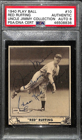 Signed 1940 Play Ball Red Ruffing (HOF) #10 Graded PSA Authentic (Auto Grade 8) w. Uncle Jimmy Collection, d. 1986
