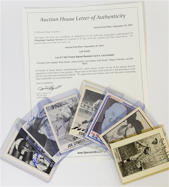 Lot of (7) Signed Old Timer Baseball Cards - Mostly HOFers (Hubbell, Chandler, Roush, Sewell, Conlon, Ferrell, Bill Miller) - JSA Auction LOA