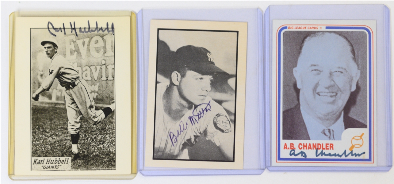 Lot of (7) Signed Old Timer Baseball Cards - Mostly HOFers (Hubbell, Chandler, Roush, Sewell, Conlon, Ferrell, Bill Miller) - JSA Auction LOA