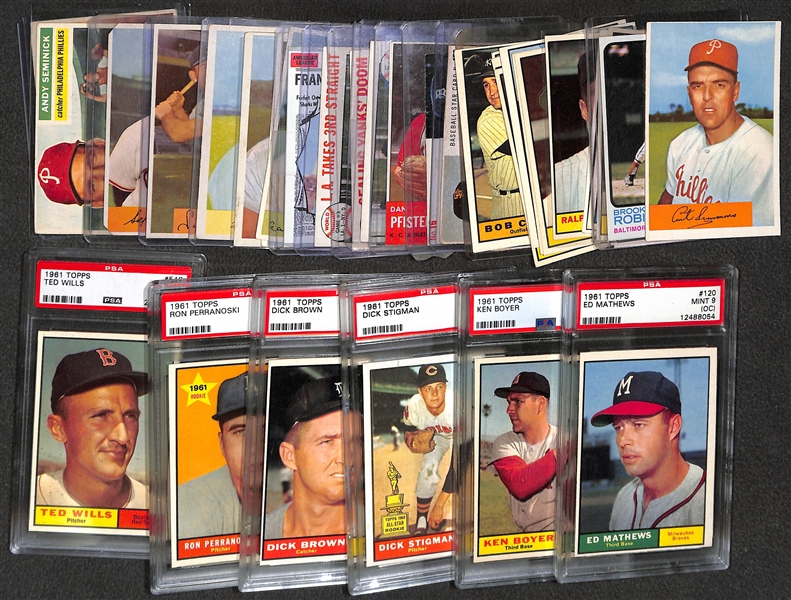 Lot of (39) Vintage Baseball Cards from 1954-1973 w. (6) Topps 1961 PSA Graded Cards Including Ed Mathews PSA 9 (OC)