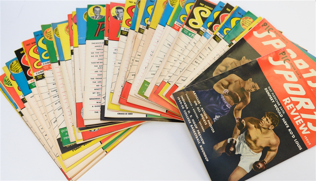 Lot of (38) 1954-1956 Song Hits/Hit Parader Magazines w. Elvis Presley Issue & (2) PIC Sports Review 1949 Issues w. Joe Louis on Cover