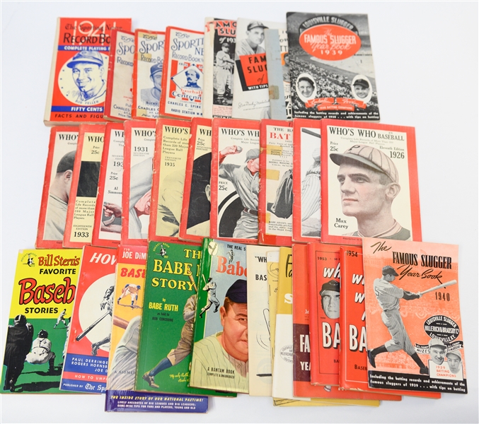 Lot of (20) Who's Who, Famous Sluggers, Sporting News, More Pamphlets & Books w. 1940 DiMaggio Famous Slugger Yearbook from 1923-58