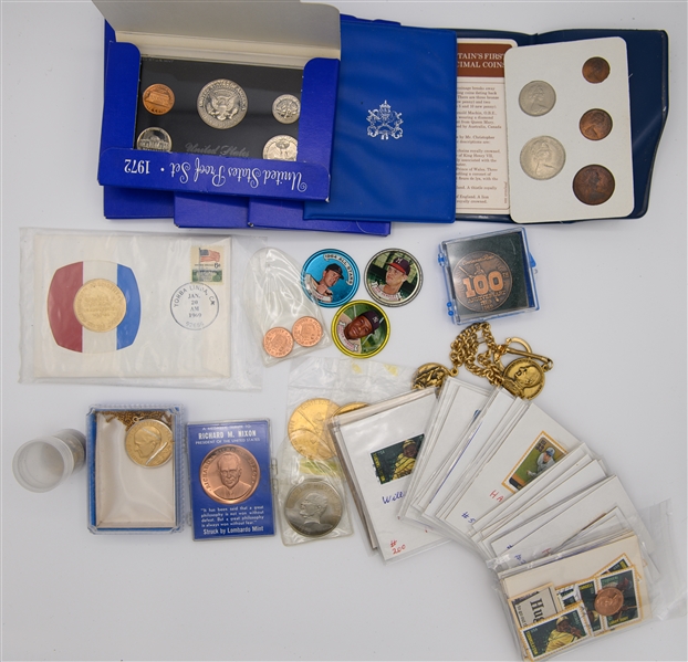 Lot of Coins, Medallions, Stamps, & (4) 1972 US Proof Sets