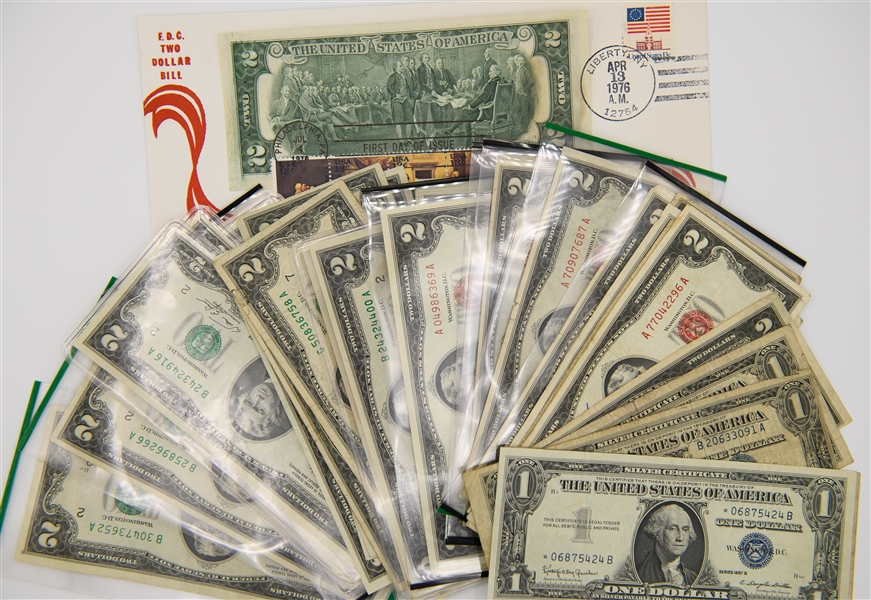 Collection of (42) Circulated $2 Bills 1953-1976 & (4) 1957 Silver Certificate $1 Bills From the Uncle Jimmy Collection