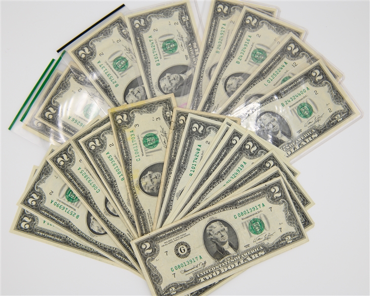 Collection of (42) Circulated $2 Bills 1953-1976 & (4) 1957 Silver Certificate $1 Bills From the Uncle Jimmy Collection