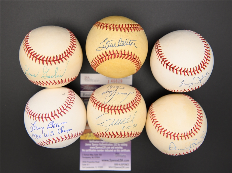 Lot of (6) Single-Signed Phillies-Related Baseballs w/ Roberts, Carlton Bowa, Muholland/Greene Dual No-Hitters, Dykstra, Garber (JSA Auction Letter)