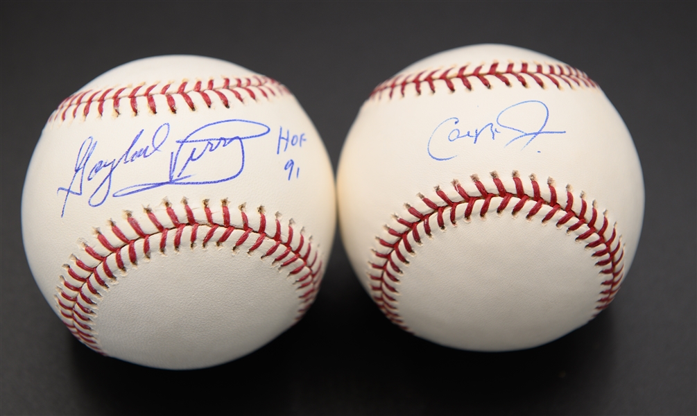 Lot of (2) Single-Signed Official Major League Baseballs w/ Cal Ripken Jr. & Gaylord Perry (JSA Auction Letter)