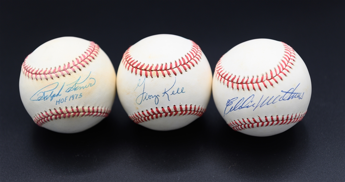 Lot of (3) Single-Signed Official Major League Baseballs w/ Ralph Kiner, George Kell, Eddie Matthews (JSA Auction LOA)