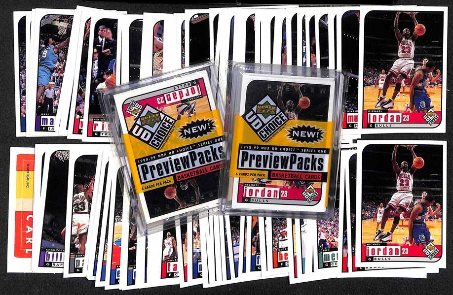 Lot of 1998-99 Collector's Choice Preview Sets (both w. Jordan and Kobe) and (2) Unopened Packs w. Jordan on Top