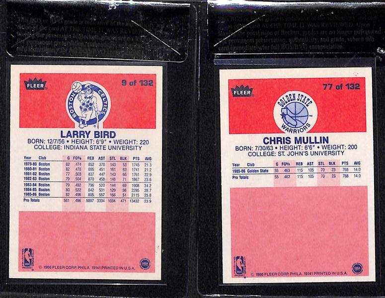 1986-87 Fleer Larry Bird (#9) & Chris Mullin (Rookie #77) Cards - Both Beckett Raw-Graded BGS 9 Mint