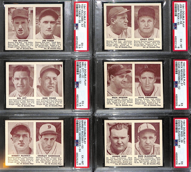 1941 Double Play Lot - First 30 Cards in Set (#1/2 to 59/60) w/ 7 Graded Cards (Ted Williams, Foxx, Ott, Greenberg, Gehringer, Mize/Slaughter)