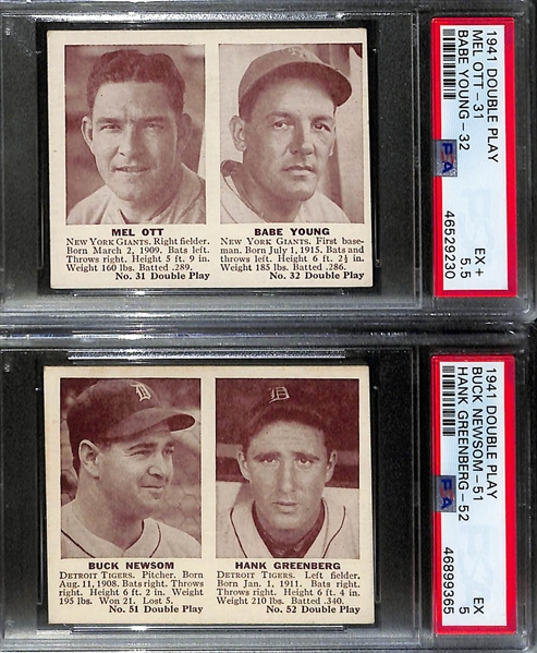 1941 Double Play Lot - First 30 Cards in Set (#1/2 to 59/60) w/ 7 Graded Cards (Ted Williams, Foxx, Ott, Greenberg, Gehringer, Mize/Slaughter)