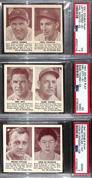 Lot of 3 Graded 1941 Double Play Cards - Rizzuto/Gomez PSA 3, Ott/Young PSA 5 MK, Dom DiMaggio/Pytlak PSA 2