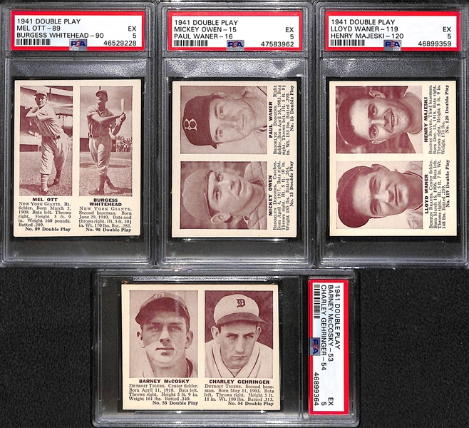 Lot of 4 HOFer Graded 1941 Double Play Cards (All PSA 5) with Mel Ott, Paul Waner, Lloyd Waner, Charley Gehringer