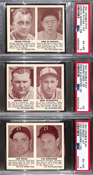 Lot of (3) Graded 1941 Double Play Cards w. Dom DiMaggio/Pytlak PSA 6, Mize/Slaughter PSA 5, Durocher/Riggs PSA 6