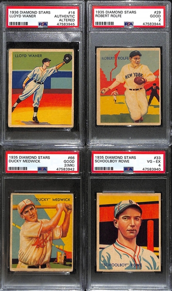 Lot of (4) Graded 1935 Diamond Stars - Lloyd Waner, Red Rolfe, Ducky Medwick, Schoolboy Rowe