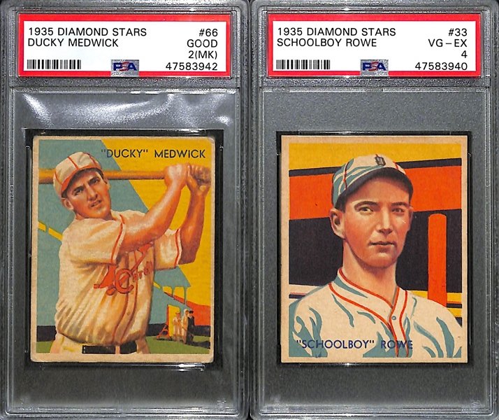 Lot of (4) Graded 1935 Diamond Stars - Lloyd Waner, Red Rolfe, Ducky Medwick, Schoolboy Rowe